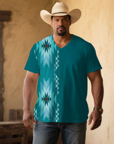 Men's Plus Size Green Western Denim Pattern Color Block V-neck Short Sleeve T-shirt